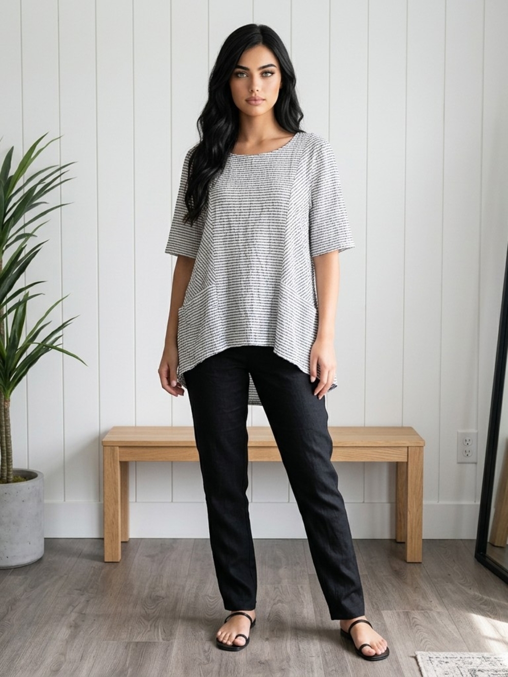 Striped Short-Sleeve Tunic Top - GREY & White